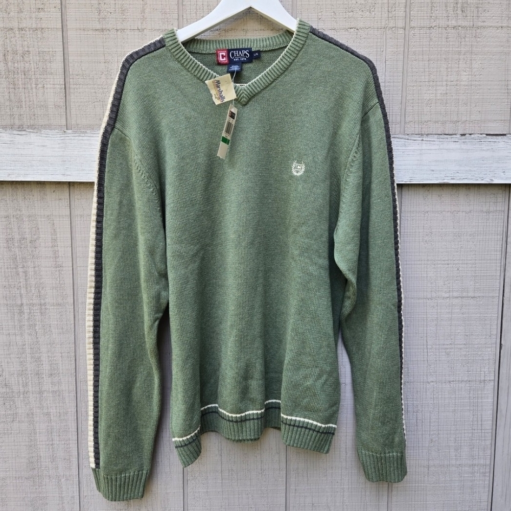 NEW Deadstock Y2K Chaps Green Knit Retro Dad Grandpa V-Neck Sweater Large